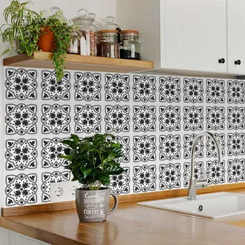 7" X 7" Charcoal And White Scroll Peel And Stick Removable Tiles