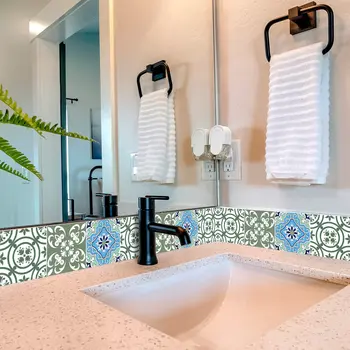 8" X 8" Sage And Aqua Floral Peel And Stick Removable Tiles