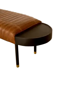 Warm Brown Leather And Solid Wood Bench