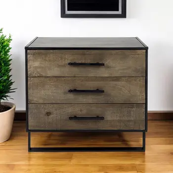 20" Brown and Black Distressed Accent Cabinet With Three Drawers