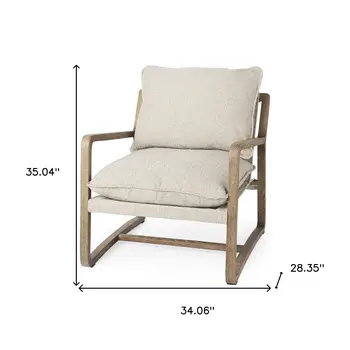 34" Beige And Wood Brown Fabric Lounge Chair