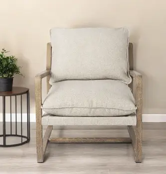 34" Beige And Wood Brown Fabric Lounge Chair