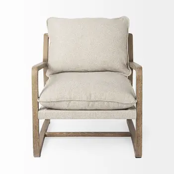 34" Beige And Wood Brown Fabric Lounge Chair