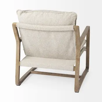 34" Beige And Wood Brown Fabric Lounge Chair