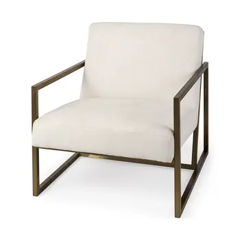 33" Cream and Brown Fabric Wingback Chair