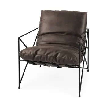 30" Brown and Black Faux Leather Distressed Wingback Chair