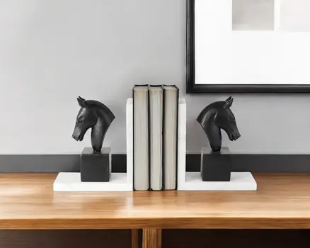 Set of Two 8" Black And White Marble And Resin Horse Decorative Bookends
