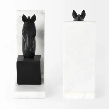 Set of Two 8" Black And White Marble And Resin Horse Decorative Bookends