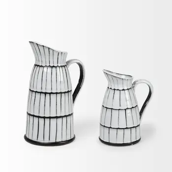 13" Black And White Cylinder Ceramic Urns Jars