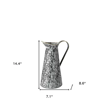 14" Black And White Abstract Cylinder Metal Jug Vase