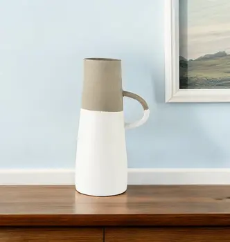 14" White and Natural Ceramic Decorative Jug