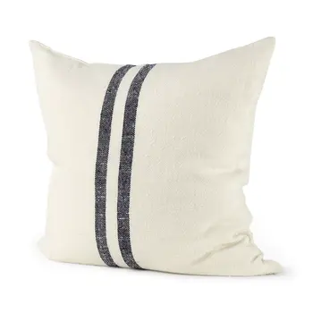22" Beige and Blue Striped Linen Throw Pillow Cover