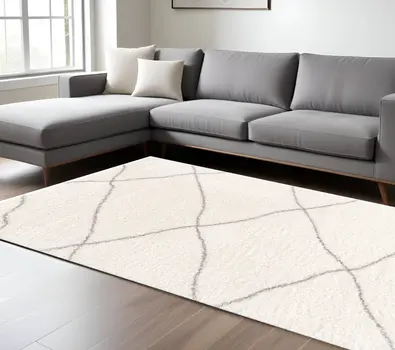 7' X 9' Ivory Modern Uneven Lattice Area Rug