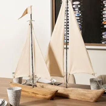 21" Brown And Natural Wood Metal And Fabric Sailboat Tabletop Sculpture