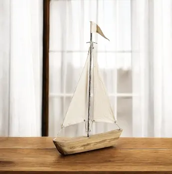 21" Brown And Natural Wood Metal And Fabric Sailboat Tabletop Sculpture
