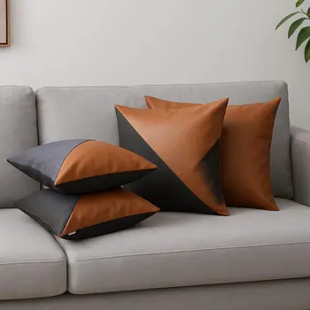 Set of Four 18" Brown And Black Faux Leather And Fabric Throw Pillow Covers