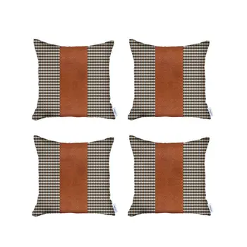 Set Of 4 Brown Checkered Faux Leather Pillow Covers