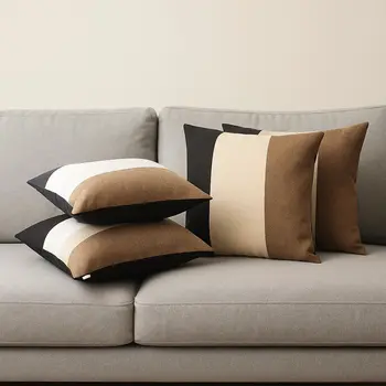 Set of Four 18" Black Ivory And Brown Fabric Throw Pillow Covers