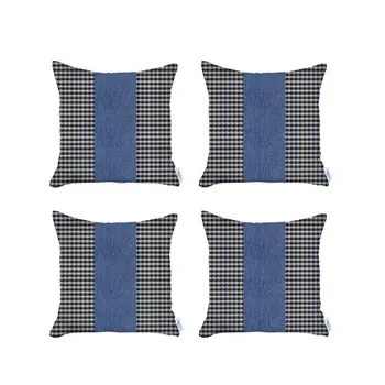 Set Of 4 Blue Houndstooth Pillow Covers