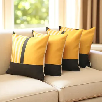 Set Of 4 Yellow And Black Printed Pillow Covers
