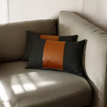 Set Of 2 Black Faux Leather Lumbar Pillow Covers