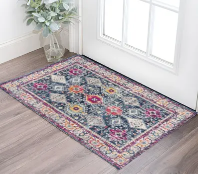 2' X 4' Blue and Ivory Oriental Area Rug