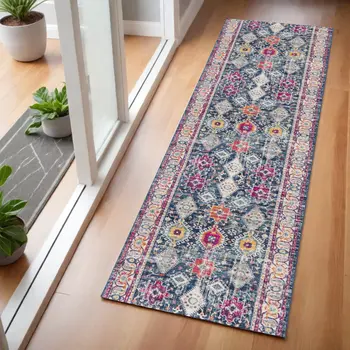 2' X 5' Blue and Ivory Oriental Area Rug