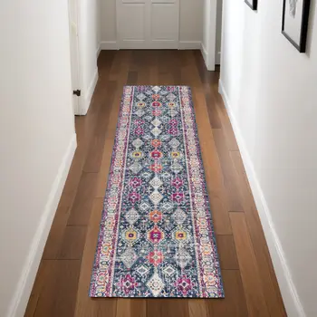 8' Blue And Ivory Oriental Runner Rug