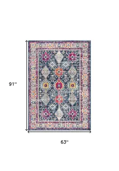5' X 7' Blue and Ivory Oriental Area Rug