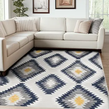 9' X 13' Blue and Gray Kilim Pattern Area Rug
