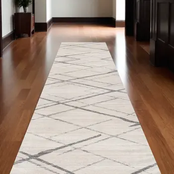 13' Gray And Ivory Geometric Runner Rug