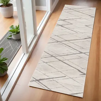 6' Gray And Ivory Geometric Runner Rug