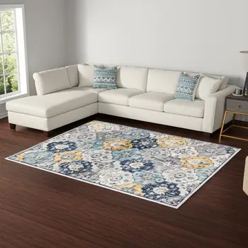 12' X 18' Blue and Yellow Floral Washable Non Skid Area Rug