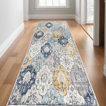 13' Blue And Yellow Floral Runner Rug