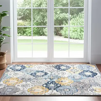 6' Blue And Yellow Floral Runner Rug
