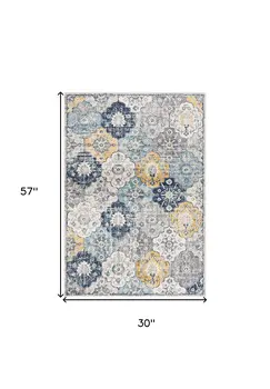 3' X 5' Blue and Yellow Floral Distressed Area Rug