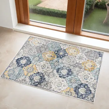 3' X 5' Blue and Yellow Floral Distressed Area Rug