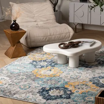 5' X 7' Blue and Yellow Floral Area Rug