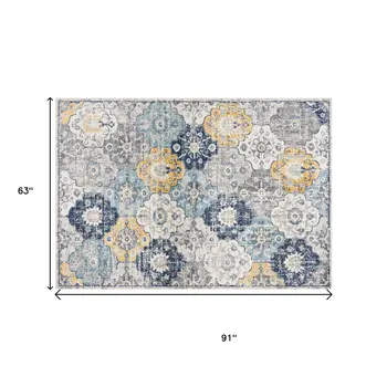 5' X 7' Blue and Yellow Floral Area Rug