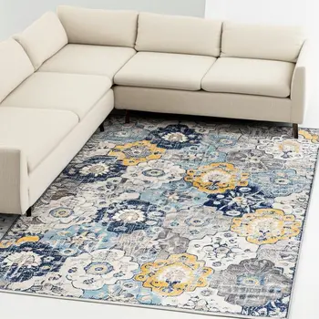 8' X 10' Blue and Yellow Floral Area Rug