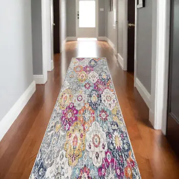 13' Blue And Ivory Floral Runner Rug