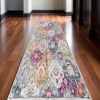 20' Blue And Ivory Floral Distressed Runner Rug