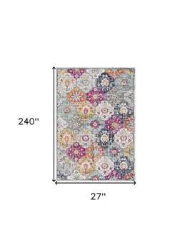 20' Blue And Ivory Floral Distressed Runner Rug