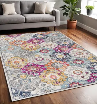 5' X 7' Blue and Ivory Floral Area Rug
