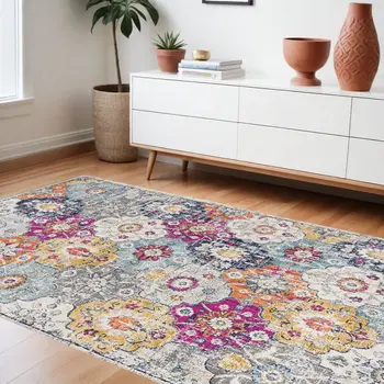 6' X 9' Blue and Ivory Floral Area Rug