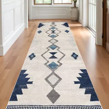 13' Blue And Ivory Southwestern Runner Rug