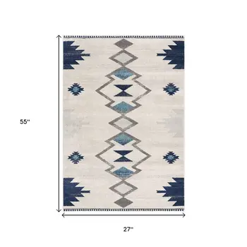 2' X 5' Blue and Ivory Southwestern Area Rug
