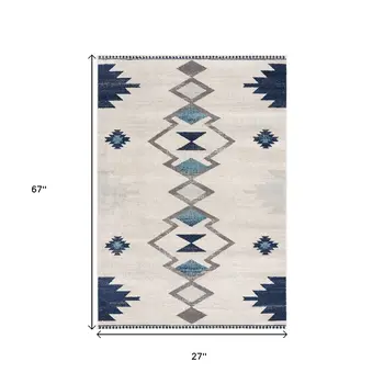 6' Blue And Ivory Southwestern Runner Rug