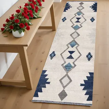 6' Blue And Ivory Southwestern Runner Rug