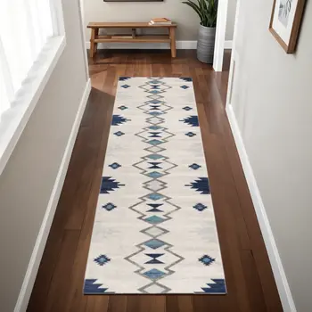 8' Blue And Ivory Southwestern Runner Rug